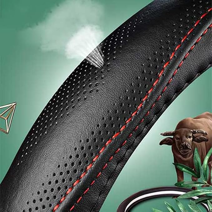 Genuine Leather Steering Wheel Cover, Real Cowhide for 14.5-16 Inch Steering Wheels, Universal Fit for Cars and Trucks (Red, 16inch)