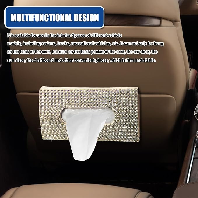 Bling Car Sun Visor Tissue Box Holder, Visor Accessories, Rhinestone PU Leather Crystal Sparkling Napkin Holder, Auto Sun Visor Paper Towel Cover Case Accessories for Most Cars (Beige+Colorful)