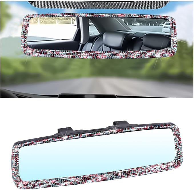 Osilly Bling Car Rearview Mirror, Decorations Rear View Mirror with Crystal Rhinestones & Diamonds, Car Interior Trim Accessories, Clip-on & HD Glass, Sparkly Gift (AB Color+Pink)