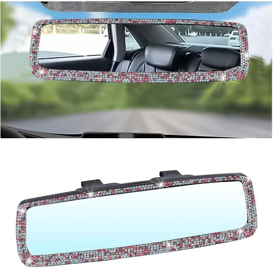 Osilly Bling Car Rearview Mirror, Decorations Rear View Mirror with Crystal Rhinestones & Diamonds, Car Interior Trim Accessories, Clip-on & HD Glass, Sparkly Gift (AB Color+Pink)