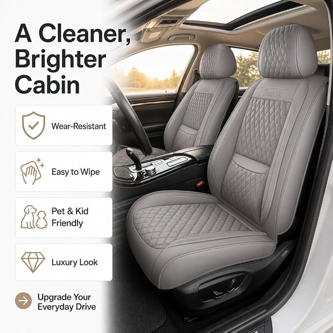 Gray Thick Nappa Leather Automotive Front Car Seat Covers Set of 2 | Univerasal Precision Fit,Lumbar Support,3D Contoured,Semi Coverage,Waterproof,ThickTexture,for most Suvs Trucks Sedans