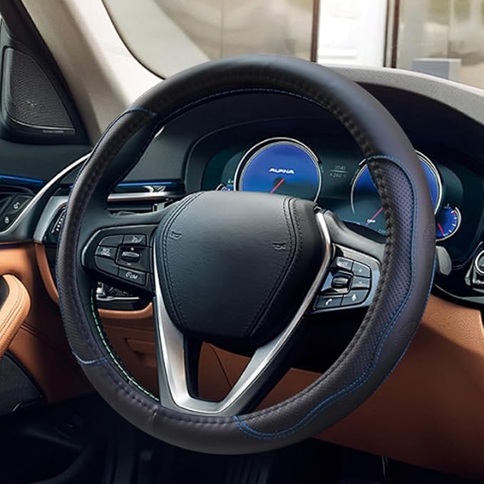 15Inch Leather Car Steering Wheel Cover for SUV, Truck, BlackBlue | Anti-Slip Breathable Automotive Steering Wheel Protector, Universal Heat Resistant Vehicle Interior Accessories
