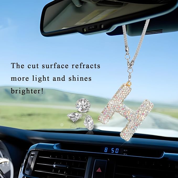 DXNQ Bling Initial Car Rear View Mirror Ornament, Crystal Sparkling Cute Letter Charm Pendant Auto Decor, Hanging Lucky Diamond Initial Charm Car Mirror Bag Ornament for Girl Women (Letter H)