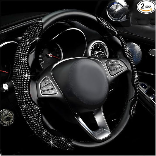 2 PCS Steering Wheel Cover, Segmented Car Wheel Covers with Crystal Rhinestones, Non-Slip Protector Bling Sparkly Decoration for Most Steering Wheels, Car Accessories (Black)