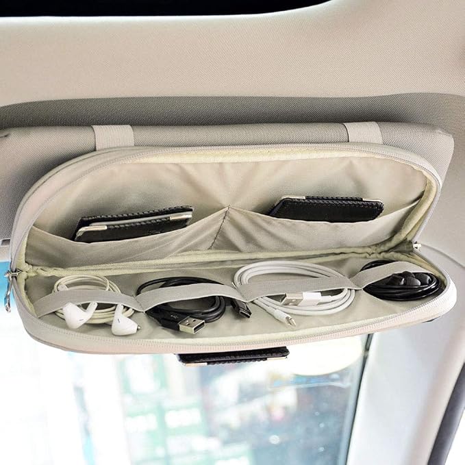 Da by Car Sun Visor Organizer, Multi-Pocket Visor Organizer Storage Pouch for Cars, SUVs & Trucks with Double Zippers, Elastic Bands & Glasses Clip - Organizes Essentials Keep Tidy (Cream Grey)