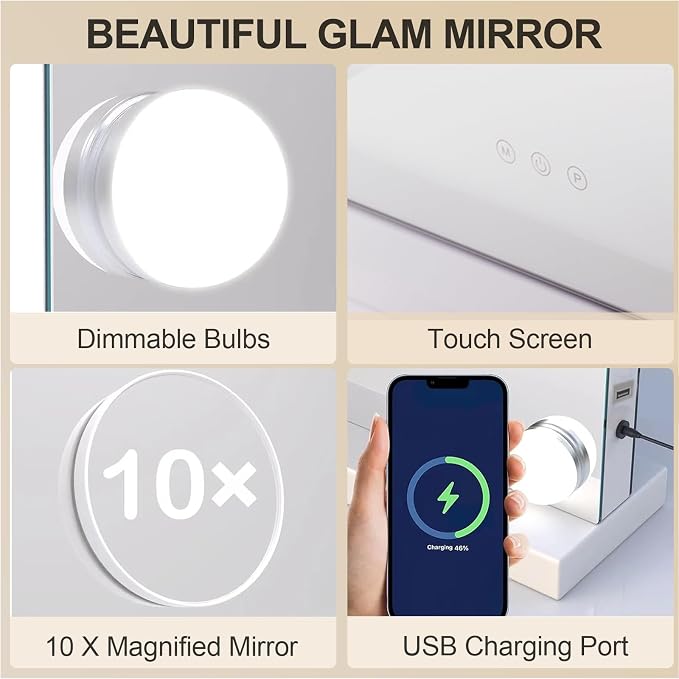 YOURLITE Vanity Mirror with Lights, 32"X25" Large Hollywood Mirror with Lights with 18 Bulbs, 3 Colors Modes & Adjustable Brightness,Vanity Mirror 10x Spot Mirror, USB Charging Port