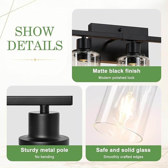 MOKATNG 5-Light Bathroom Light Fixtures, Vanity Light with Clear Glass Shades, Matte Black Bathroom Light Fixtures Over Mirror, Modern Bathroom Wall Lamp for Mirror Living Room Cabinet Bedroom