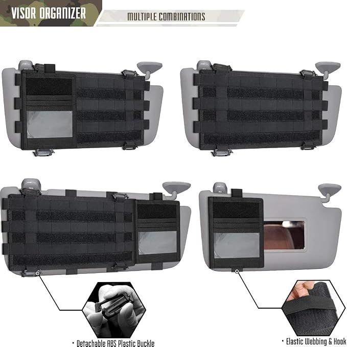 WYNEX Car Visor Organizer with Detachable Card Pouch | Auto Sun Visor Storage Molle Panel with Elastic Webbing Slots for Glasses & Tactical Gear | Fit Most Vehicle, SUVs & Trucks (2, Black (2-Pack)) | M-13.5x7", Auto Sun Visor Storage Molle Panel, Elas...