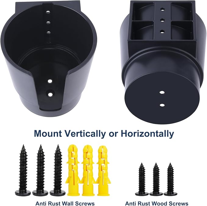 Universal Large Cup Holder Wall Mount, Heavy Duty Plastic Drink Holder for Boat Car Truck RV Bus Tractor Wall Wood, Vertical or Horizontal Mount, Fit Most Cups, Bottles, Cans, Tumblers Black Pack of 2