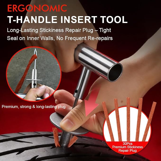 77Pcs Tire Plug Kit, Heavy Duty Tire Repair with Rubber Nails, Screw Plugs, T-Handle, Professional Fix a Flat Puncture Patch Tools Kit for Car, Motorcycle, Truck, UTV, ATV & Lawn Mower Tubeless