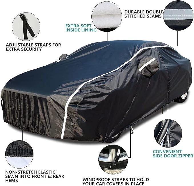 Coverado Car Cover Waterproof All Weather, Sedan Car Cover Hail Protection with Zipper Door, Soft Cotton Lined Car Covers for Automobiles, Snowproof UV Protection Universal Fit for Sedan (191"-200")