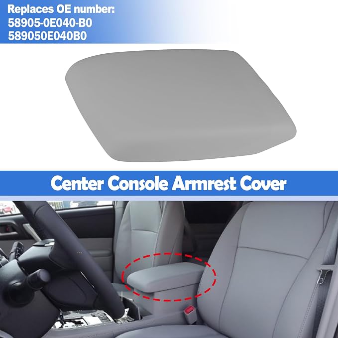 Osompar Center Console Armrest Cover Gray Compatible with Toyota Highlander 2008-2013 Replaces 58905-0E040-C0 PU Leather Arm Rest Box Lid Middle Console Cover