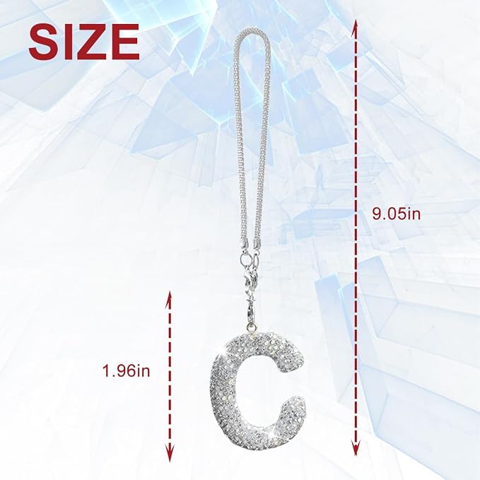 Bling Car Rear View Mirror Letter Charm, Crystal Rhinestone Rear View Mirror Hanging Ornament, Automotive Interior Rearview Mirrors Decoration Accessories, Universal for Vehicles(C)