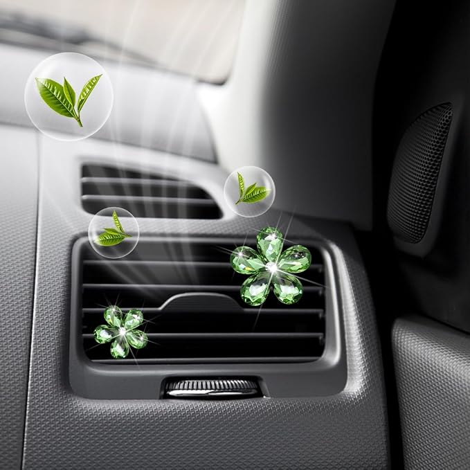 Zpana Bling Daisy Flower Car Air Vent Clips, 5PCS Sparkling Crystal Rhinestone Cute Vehicle Air Conditioning Clamp, Diamond Auto Air Outlet Clip Decor for Women Girls, Universal Fit (Green)
