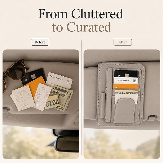 Car Sun Visor Organizer, Grey Premium Vegan Faux Leather Visor Storage Pouch for Cards, Cash, Receipts, Parking Permits and Glasses, Universal Fit for Cars, SUVs, Trucks, RVs and Golf Carts