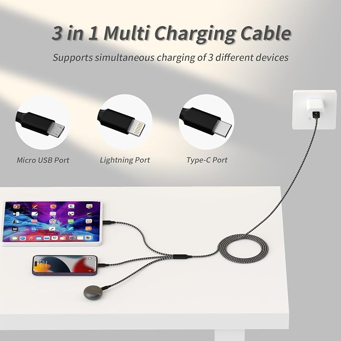 Travel Essentials Multi Charging Cable, USB Cable Universal Charger, 2Pc4FT | 3 in 1 Phone Charger Cord with Type-C, Micro USB, L Port, Travel Charger for iPhone 17-8/Android, Car Camping Essentials