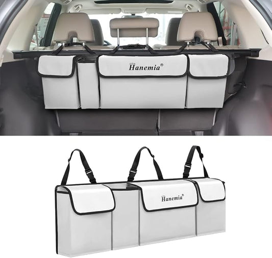 Car Trunk Organizer and Storage, Backseat Hanging Organizer for SUV, Truck, MPV, Waterproof, Collapsible Cargo Storage Bag with 4 Pockets, Car Accessories for Men and Women (Beige)