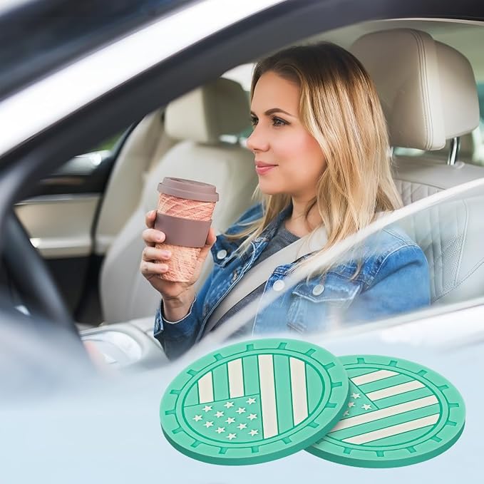 AUCELI 4 Pack Car Cup Holder Coasters, Colored American Flag US Flag Insert Car Cup Coaster, 2.75 Inch Anti Slip Shockproof Embedded Drink Mat, Vehicle Interior Decor Accessories