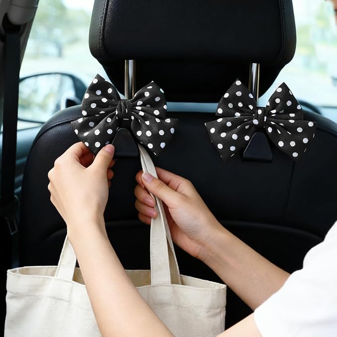2PCS Car Seat Headrest Hooks, Car Purse Hook, Cute Bow Knot Vehicle Seatback Hanging Storage Organizer, Auto Seatback Decor Organizer Hanger for SUV Truck (Black/Polka Dot)