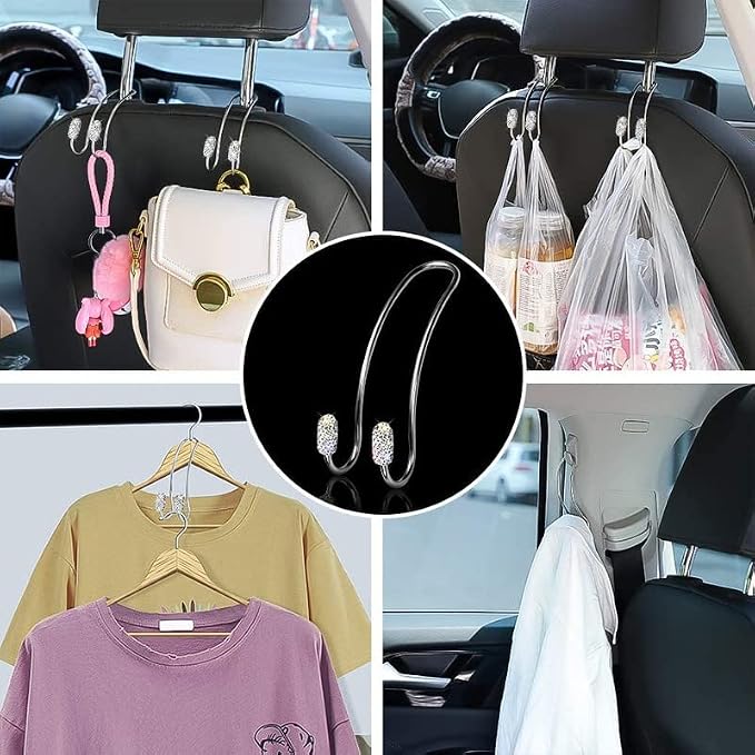 Guoord 【2026 Upgraded】 Car Headrest Hook Decorations, 2 Pcs Bling Purse Hook Hangers, Stainless Hooks Car Hangers and Durable Backseat Holder, Storage Universal for SUV Truck Vehicle(White)