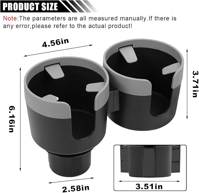 Car Double Cup Holder Extender, 2-in-1 Car Cup Holder Adapter with Adjustable Base, Universal Multifunctional Cup Holder Organizer for Beverage, Snack, Cup, Bottle Storage (Grey)