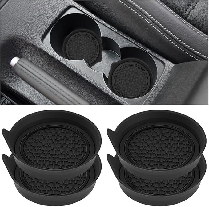 HZEL Car Cup Holder Coasters, 4PCS Non Slip Waterproof Vehicle Water Bottle Pads, Recessed Automotive Interior Drink Mat Decoration Accessories, Universal for SUV Sedan Truck (Black)