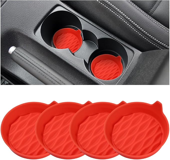 Bittwee Car Cup Holder Coaster, 4PCS Silicone Non-Slip Vehicle Cup Holder Insert Mat, Sift-Proof Spill Recessed Embedded in Bottle Protection Pad, Universal Automotive Interior Accessories (Red)