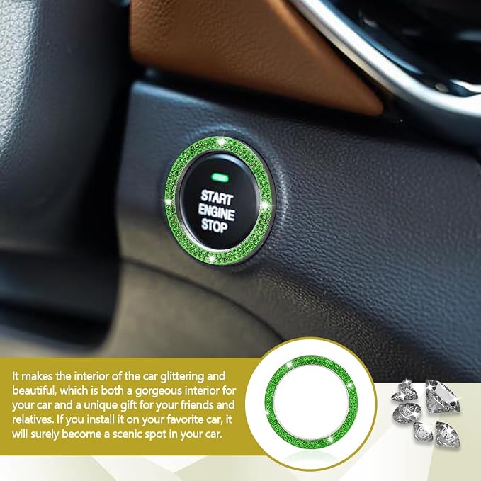2PCS Car Bling Crystal Rhinestone Engine Start Decals, Push to Start Button Cover & Key Ignition Knob Bling Ring, Car Accessories