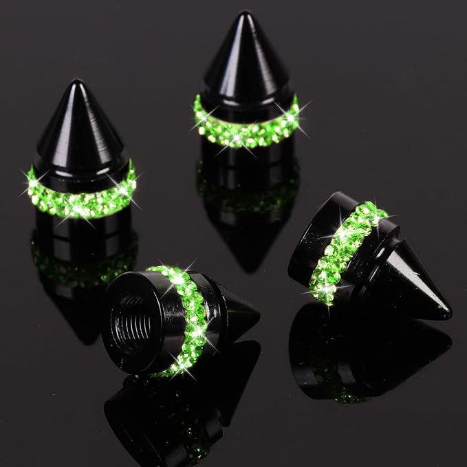 ToBeQueen Bling Green Tire Valve Caps, Handmade Crystal Rhinestone Dimand Stem Caps, 4 Pack Aluminum Alloy Universal Tire Cap Covers Bling Car Accessories(Green)