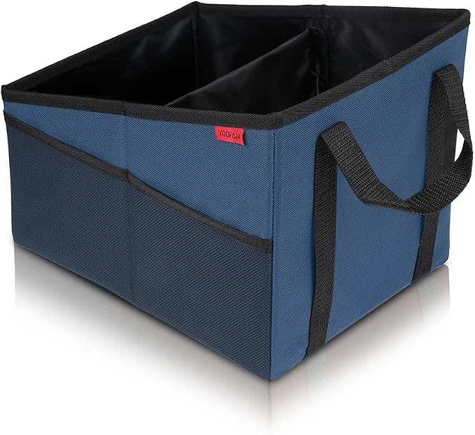 YOOFAN Car Seat Organizer - Passenger Seat Organizer, Collapsible Small Car Seat Storage for Console Front or Back, Automotive Backseat Organizer with Belt 4 Cup Holders for Kids Accessories, Blue