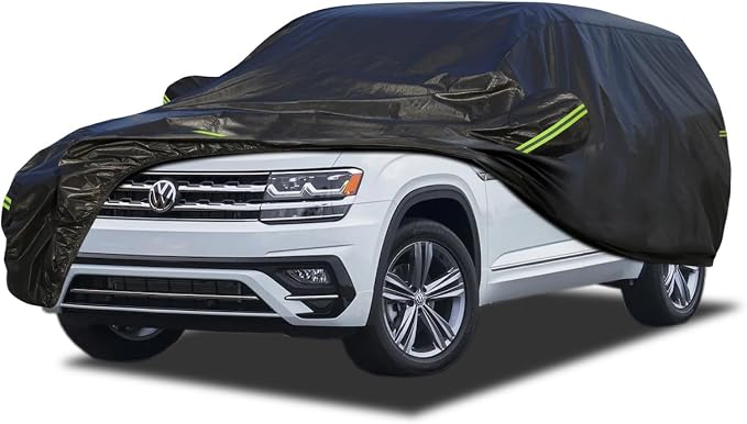 KouKou Waterproof SUV Car Cover Suitable for VW Atlas from 2017 to 2025, 7 Layers Windproof All Weather Waterproof Outdoor Cover Sun Rain UV Dust Snow Protection. Black