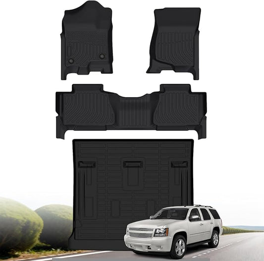 Floor Mats for 2007-2014 Chevrolet Tahoe & Cadillac Escalade (NOT Hybrid) | For GMC Yukon (NOT Yukon XL) All Weather Protection Anti-Slip & Durable TPE Full Set Liners with Cargo Liner