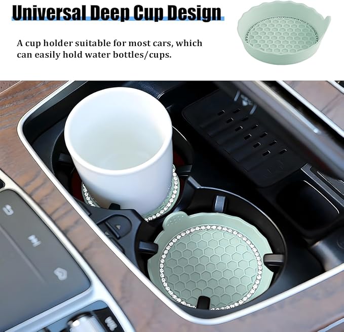 HZEL 4PCS Bling Car Cup Holder Coaster, Shiny Crystal Rhinestone Silicone Dustproof Drink Cup Insert Pad, Dazzling Automotive Interior Water Bottle Holder Embedded Mat, Universal Fit (Cyan)