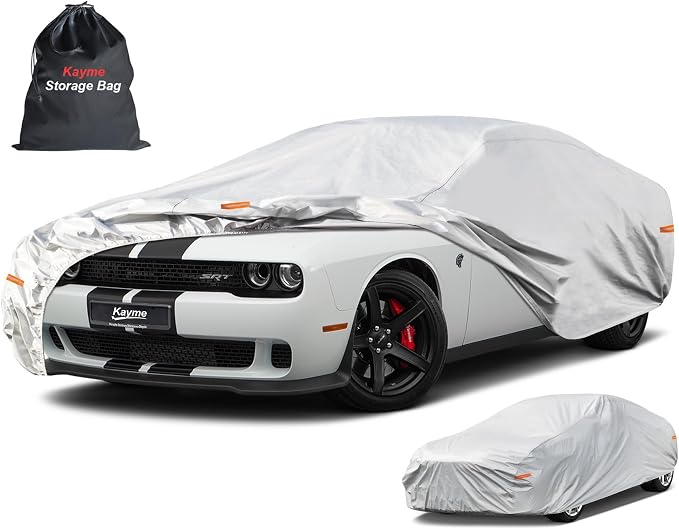Kayme 6 Layers Car Cover Custom Fit for Dodge Challenger SXT SRT Hellcat Demon R/T (2008-2025) Waterproof All Weather for Automobiles, Outdoor Full Cover Rain Sun UV Protection.Silver