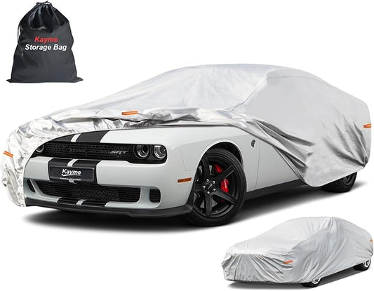 Kayme 6 Layers Car Cover Custom Fit for Dodge Challenger SXT SRT Hellcat Demon R/T (2008-2025) Waterproof All Weather for Automobiles, Outdoor Full Cover Rain Sun UV Protection.Silver