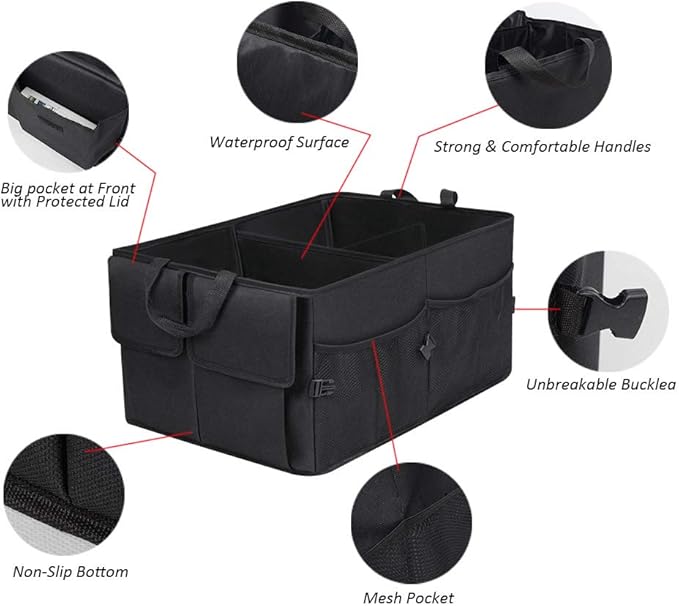 JiatuA Car Trunk Organizer for SUV Collapsible Car Storage Organizers Black | 8 Pocket Waterproof Dust-proof Sturdy Foldable Cargo Backseat Storage Adjustable Car Accessories for Sedan More Trunk Space