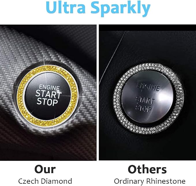 ToBeQueen Bling Car Crystal Rhinestone Ring Emblem Sticker, Car Interior Decoration, Bling Car Accessories for Women, Push to Start Button, Key Ignition Starter & Knob Ring Yellow