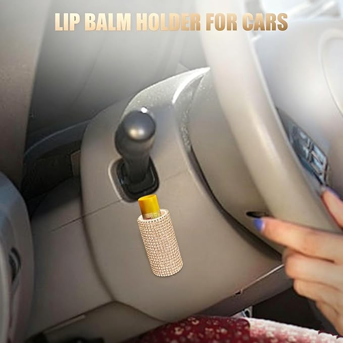 Upright Car Chapstick Holder, Bling Insulating Lip Balm Holder,Rhinestone Car Accessories for Women Interior ,Suitable for Most Vehicles. (Champagne Gold)