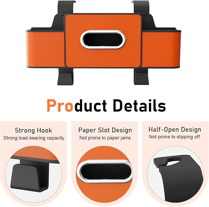 4-in-1 Back Seat Car Organizer, Leather Multifunctional Seat Back Storage with Phone Holder Tissue Box Cup Holders Hooks, Waterproof Hanging Organizer, Universal for Most Cars (Orange)