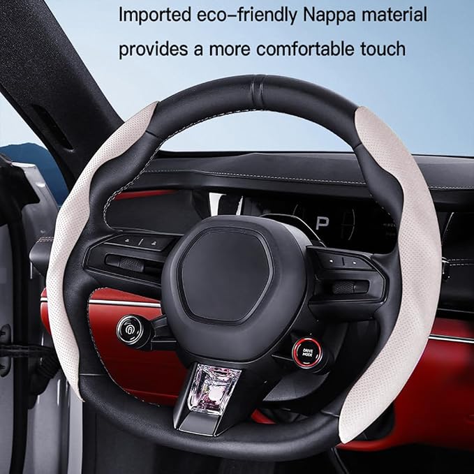 Car Steering Wheel Cover, O/D Shape, Nappa Leather, Segmented, Anti-Slip, Odorless, Breathable, for Men & Women, 14-15inch (White)