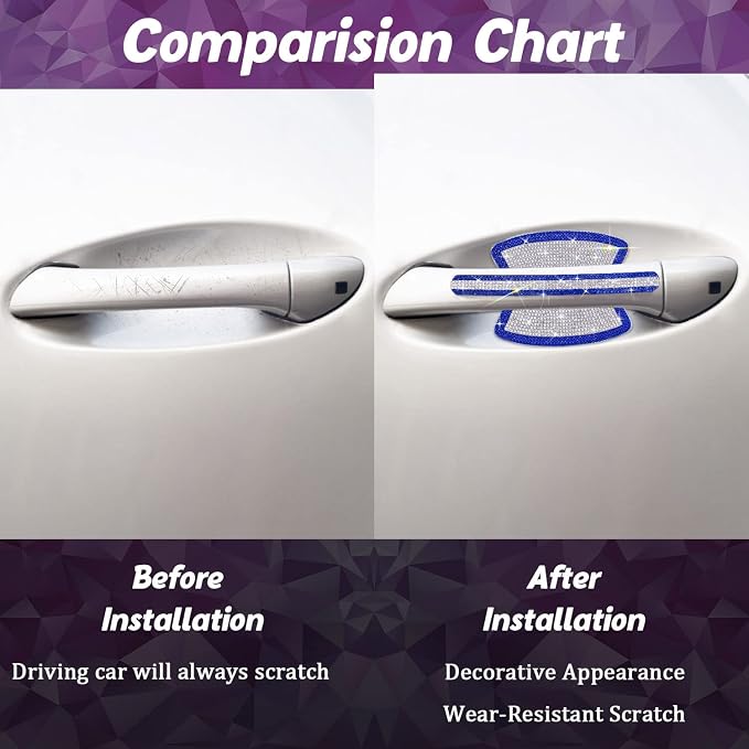 10PCS Car Door Handle Bling Rhinestones Stickers, Blue & Sliver | Universal Auto Door Handle Safety Reflective Strips, Cute Car Decor