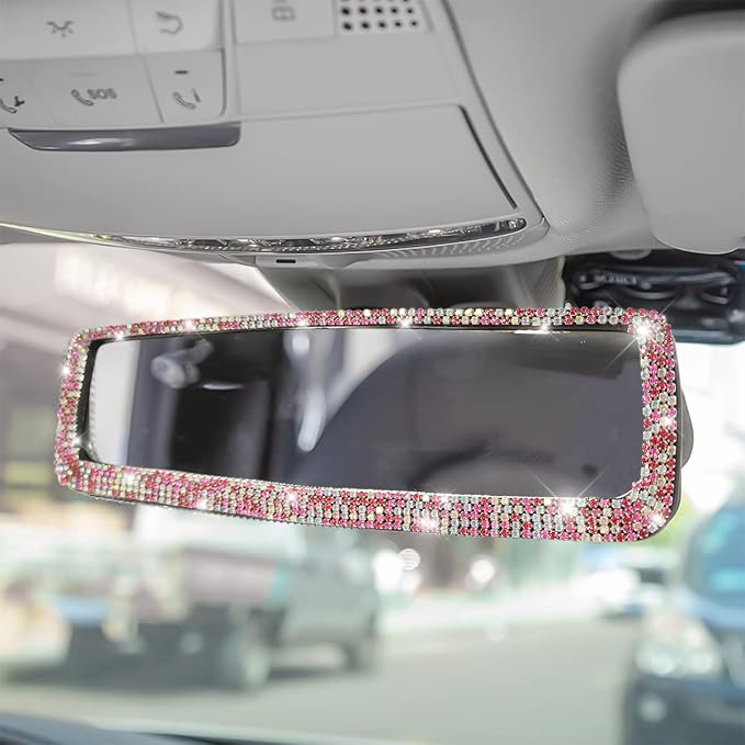 Car Bling Rearview Mirror, Rhinestones Crystal Diamonds Rear View Mirrors with HD Glass, Universal Clip-on Rear View Mirrors for Cars, Vehicles, SUVs, Car Accessories for Women Girls (Pink)