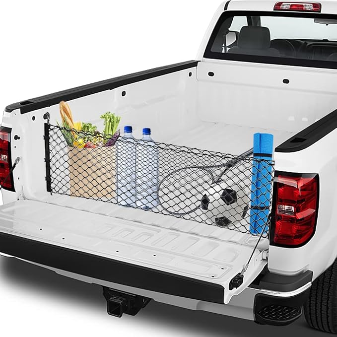 BAILALIBO Cargo Net with Metal Hooks, 53x18 in | Elastic stretchable mesh, adjustable for Pickup/truck/jeep, universal fit, secure trunk storage, heavy-duty for car exterior