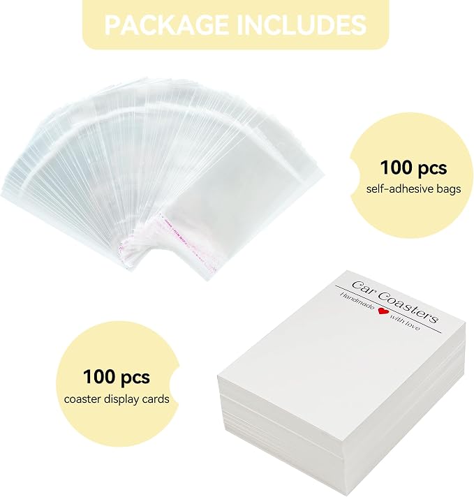 Vcekract 100Pcs Car Coaster Packaging for Selling, Sublimation Car Coasters Cards with 100Pcs Bags, Car Coaster Packaging, Coasters Display Cards 3.93x2.85In, Heat Press Machines Accessories