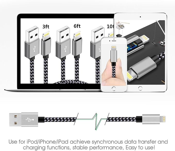 iPhone Charger 4Pack(3ft 6ft 6ft 10ft) Apple MFi Certified Lightning Cable Nylon Braided Fast Charging iPhone Charger Cord Compatible iPhone 14 13 12 11 Pro Max XR XS X 8 7 6 Plus SE and More