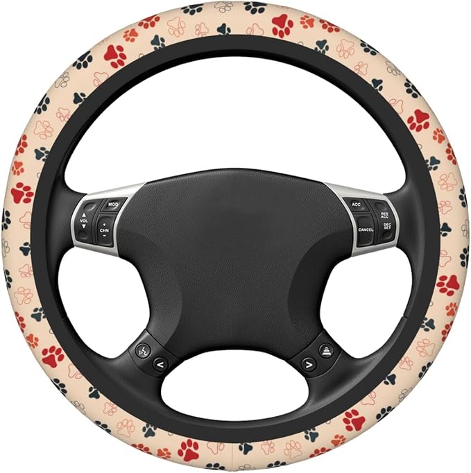 Paw Print Neoprene Steering Wheel Cover Anti-Slip Elastic Dog Cat Paw Steering Wheel Protective Cover 15in Universal Car Accessories Fit Cars, SUVs, Auto