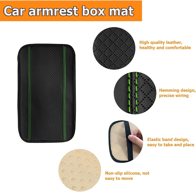 8sanlione Car Armrest Storage Box Mat, Fiber Leather Car Center Console Cover, Car Armrest Seat Box Cover Accessories Interior Protection for Most Vehicle, SUV, Truck, Car (Black/Green)