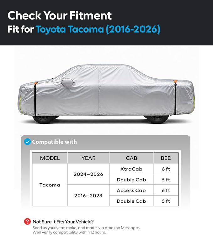 Wigoo Toyota Tacoma Car Cover 2016-2026, Custom Fit Waterproof All Weather Outdoor Full Exterior Truck Cover, Windproof UV Rain Snow Dust Protection, Paint-Safe Lining, Door Zipper, Tacoma Accessories