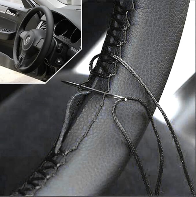 AUTOXBERT 38cm/15 Inch Leather Steering Wheel Cover Stitch On Wrap, Black | Breathable, Anti-Slip Steering Wheel Cover for Nissan Qashqai Toyota Camry RAV4 VW Golf
