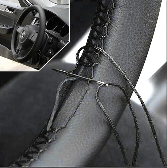 AUTOXBERT 38cm/15 Inch Leather Steering Wheel Cover Stitch On Wrap, Black | Breathable, Anti-Slip Steering Wheel Cover for Nissan Qashqai Toyota Camry RAV4 VW Golf